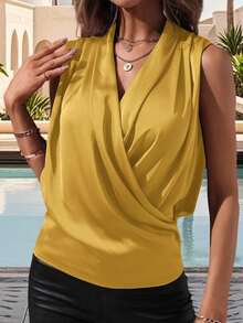 Women's Satin Tank Tops Solid Color Sleeveless Wrap V Neck Pleated Summer Shirts - Yellow - View 5