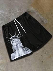 Men's Summer Sports Shorts With Statue Of Liberty Print, Drawstring And Pockets, Casual Fitness Shorts Suitable For Daily Wear, Spring/Summer - Black - View 8