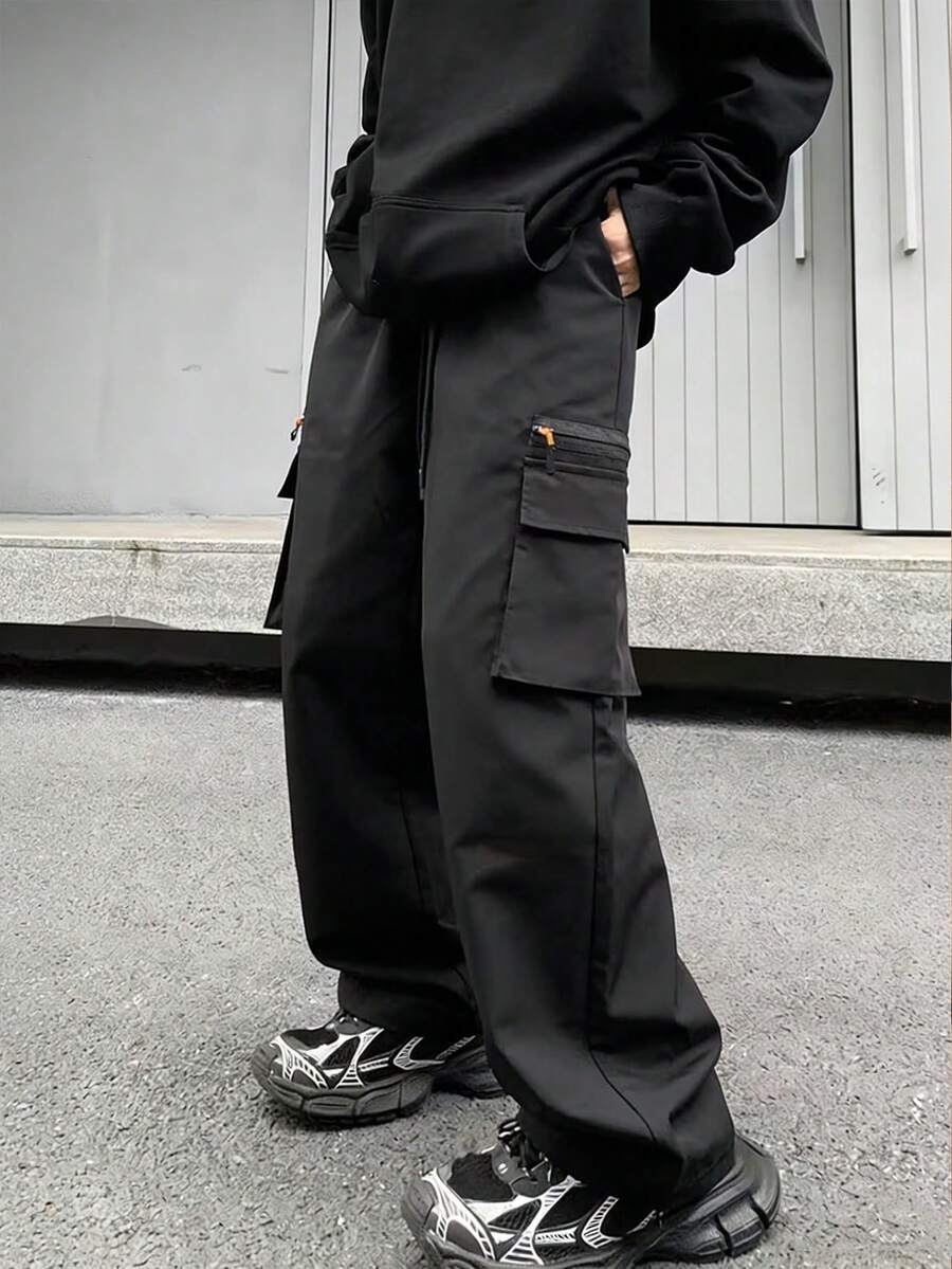 Men's Utility Cargo Pants, Loose Streetwear Style, Multi-Pocket Casual Trousers - Black - View 1