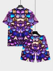 Two-Piece Men's Artistic And Creative Summer Short-Sleeved Beach Pants Set With Interstellar Crystal Cluster Woven Fabric And Purple-Blue Iridescent Crystal Texture. - Nhiều màu - Xem 5