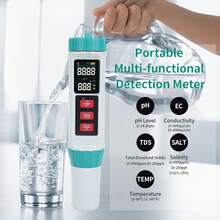 便携式五合一水质检测仪，带背光液晶显示屏和自动校准探头 - 可测量 pH 值/电导率/总溶解固体/盐度/温度，适用于饮用水、游泳池、水疗池、水族箱、热水浴缸 - 电池供电（不含电池） - 摄氏度/华氏度切换，电池续航时间长 - 薄荷綠 - 查看 6