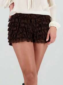 Shorts Mini con Volantes Múltiples de Encaje Marrón - Estilo Dulce y Retro para el Día a Día - Marrón - Ver 1