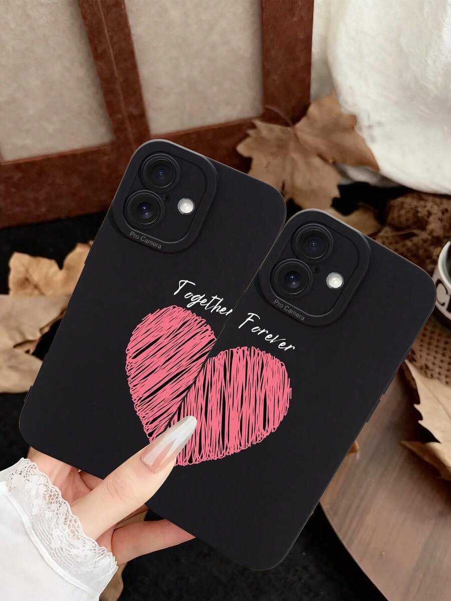 1pc Pink Heart Couple Pattern Phone Case, Compatible With IPhone 17, Compatible With Apple 11/12/13/14/15/16 Pro Max, 14/15 Plus New Cute Girl 11/12/13/14/15/16 Pro Soft Silicone Anti-Fall Cover, 12 Pro Max Full-Covered Anti-Fall - Black - View 1