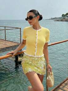 女士休闲优雅荷叶边针织开衫上衣，圆领，时尚短袖单扣设计，日常休闲穿着，春夏款 - 黃色 - 查看 6