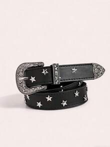 1 pieza Cinturón de mujer con estilo occidental y tachuelas con forma de estrella - Negro - Ver 1