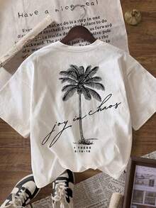 Beach Coconut Tree Print Women's Round Neck Loose T-Shirt, Summer Vacation Travel Beach, Casual Sports Elegant - White - View 5