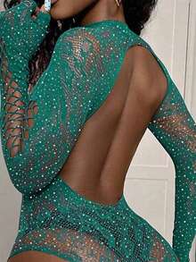 1 pieza Bodystocking de encaje floral sexy, ropa interior para dormir - Verde - Ver 3