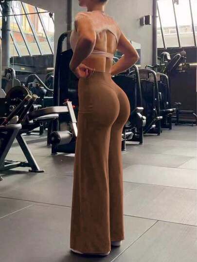 Pantalones anchos de cintura alta minimalistas para mujer, leggings deportivos cómodos y casuales, pantalones de yoga con pierna acampanada y elásticos, ropa deportiva para mujer, de tejido de punto, con comodidad elástica, adecuados para uso diario y deportes, pantalones ajustados acampanados, pantalones deportivos para mujer primavera