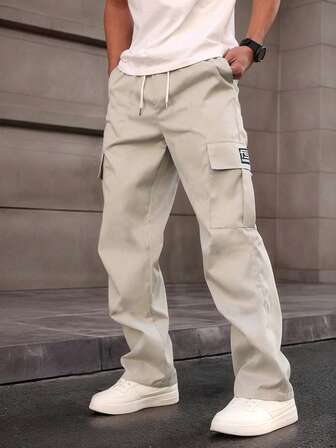 Men's Fashion Cargo Pants, Straight Leg, Elastic Waist, Loose Fit, Solid Color, Single Side Embroidered Logo, Long Pants
