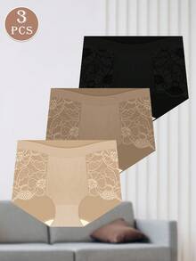 MIOTAN 3条装女士中/高腰蕾丝内裤，自然塑形，透气柔软轻盈，日常穿着 - 彩色 - 查看 6