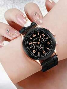 5件套女士石英表套装，包含金色配件和黑色玫瑰金心形装饰（黑色硅胶表带多功能石英表、心形链手链、心形项链和心形耳环） - 黑色 - 查看 11