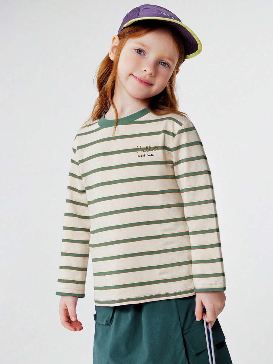 mini bala Camiseta de manga larga de algodón para niñas, diseño de bloques de color, algodón peinado, top básico para primavera - Tono verde café - Ver 1
