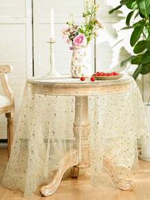 1pc Shiny Starry Organza Tablecloth 150*150cm/150*300cm, Gold Metallic Foil Star Sequin Sheer Fabric, Suitable For Wedding, Baby Christening Party, Daily Kitchen Dining, Theme Party Decor, Holiday Celebration - Beige - View 5