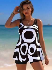 Women's Tankini Swimwear – Relaxed Fit Two-Piece Set For Beach, Pool & Resort Days - Black and White - View 9