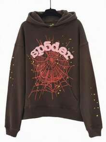 2-Piece Set Of Clothes And Pants ,Men's Oversized Hip Hop Spider Web Pattern Graphic Alphabet Print Harajuku Vintage Hoodie Long Sleeve Street Wear Top For Both Men And Women - 棕色 - 查看 2