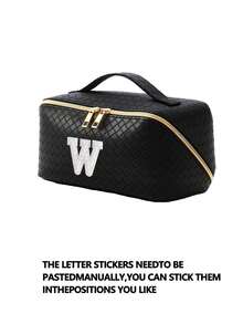 1个PU皮革化妆收纳包，字母图案，防水便携，AB水钻，仿珍珠字母拉链设计，新娘化妆包，化妆包，洗漱包，收纳袋，简约风格，可定制贴纸，旅行化妆包，女士浴室洗漱包（字母A~Z），送给妈妈的礼物，沙滩包，返校必备 - 彩色 - 查看 14