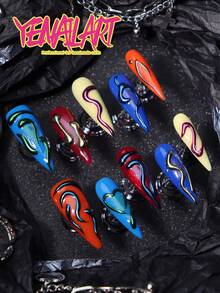 10片手工制作的尖头彩色朋克风美甲贴片，包含宝蓝色、橙色、黄色和红色，带有3D立体装饰镀铬元素和金属镀铬线条，摇滚风格全覆盖假指甲贴片，Y2K风格套装，适合派对、婚礼和日常佩戴，包含工具包，是送给女性和女孩的绝佳礼物。 - 彩色 - 查看 4