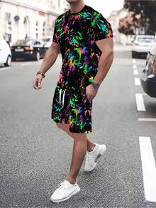 Men'S Splash Ink Print T-Shirt & Drawstring Waist Shorts Set - Vibrant Neon Green & Pink All-Over Print, Casual Sports Style, Regular Fit, Crew Neck, Perfect For Parties, Plus Size - Nhiều màu - Xem 1