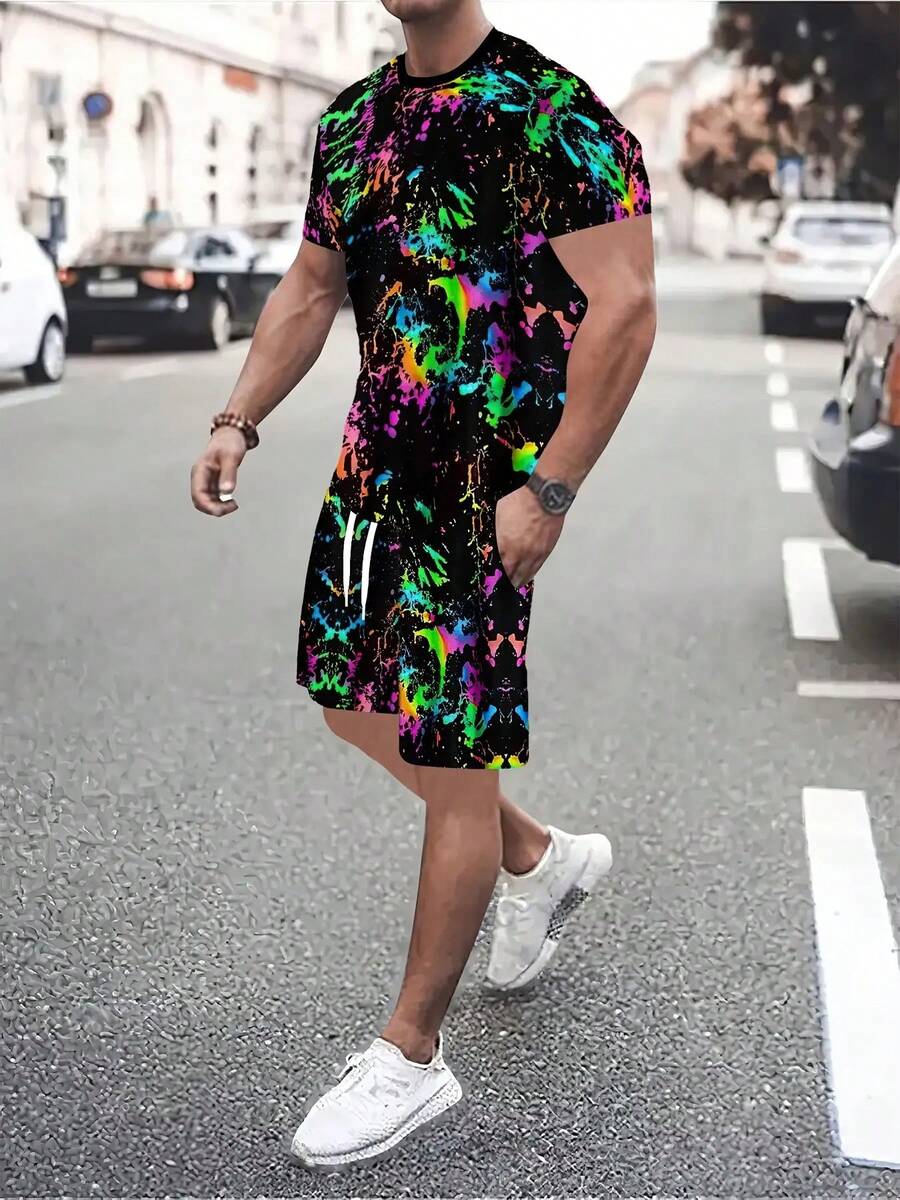 Men'S Splash Ink Print T-Shirt & Drawstring Waist Shorts Set - Vibrant Neon Green & Pink All-Over Print, Casual Sports Style, Regular Fit, Crew Neck, Perfect For Parties, Plus Size - Nhiều màu - Xem 1