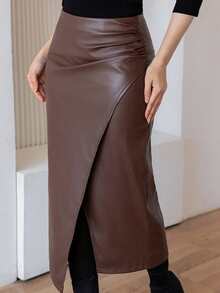 DAZY 纯色PU开衩不对称褶皱女裙，铅笔裙，秋季服装皮裙冬季女裙 - 咖啡棕 - 查看 5