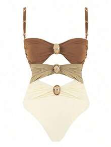 Official Women's Colorblock Hollow-Out One-Piece Swimsuit - màu nâu - Xem 8