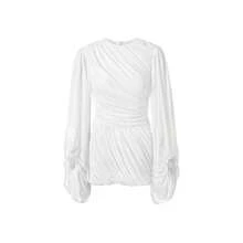 2026 European And American New Sexy Fashion Women's Fashion Casual Pleated Solid Color Long Sleeve Lantern Sleeve Dress - trắng - Xem 1
