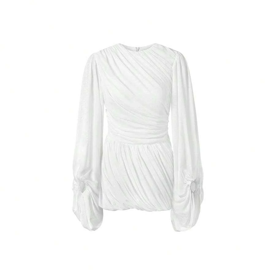 2026 European And American New Sexy Fashion Women's Fashion Casual Pleated Solid Color Long Sleeve Lantern Sleeve Dress - trắng - Xem 1