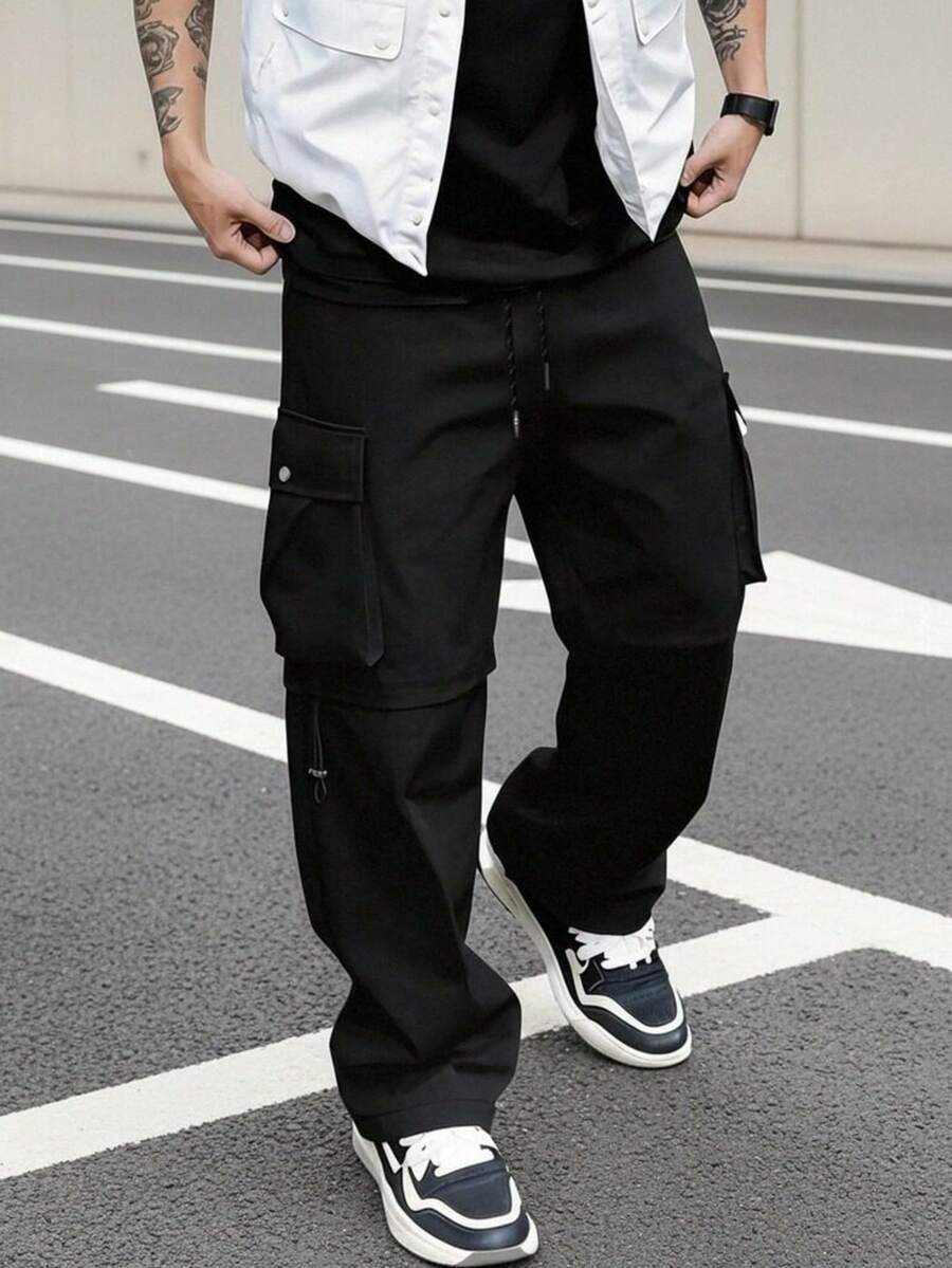Men's Casual Multi-Pocket Cargo Pants, Fashion Workwear Trousers For Outdoor Sports, Spring/Autumn Black - Black - View 1