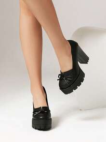 女士性感细高跟鞋，防水厚底，粗跟，舒适套穿式蝴蝶结闭趾高跟鞋，黑色 - 黑色 - 查看 4