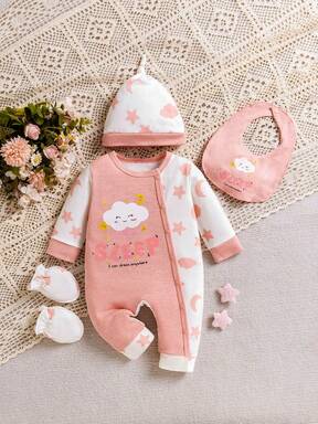 4件套女婴圆领云朵、字母、星星印花撞色连体衣+帽子+手套+围兜，可爱套装
