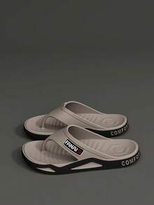 男女通用休闲软底人字拖，防滑浴室淋浴人字拖，户外沙滩鞋，字母图案卧室拖鞋 - 卡其色 - 查看 12