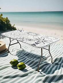 1pc Washed Outdoor Tablecloth With Elastic Edges - Ideal For Camping, Picnics And Garden Parties - Durable Polyester With Solar System Totem Print Pattern, Suitable For Holiday Parties And Outdoor Decor, Dining Table Decor, Outdoor Decoration, Holiday Decor, Ramadan Decor