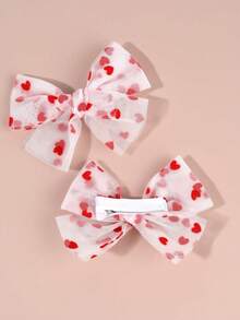 2个情人节爱心印花发夹，女孩爱心印花网纱蝴蝶结发夹，可爱蝴蝶结发夹，情人节礼物，发饰 - 彩色 - 查看 4