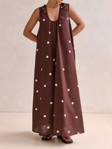 LUNA Vestido largo holgado con estampado de lunares, vestido de chaleco informal, adecuado para uso diario. - Café - Ver 3