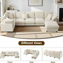 Modern Chenille L-Shaped Sofa With Movable Ottoman, 7-Seater Modular Combination Sofa, Convertible Sofa With Upholstery , U-Shaped Couches For Living Room And Office, Removable Modules, Sectional Sofa Couches - 米色 - 查看 4