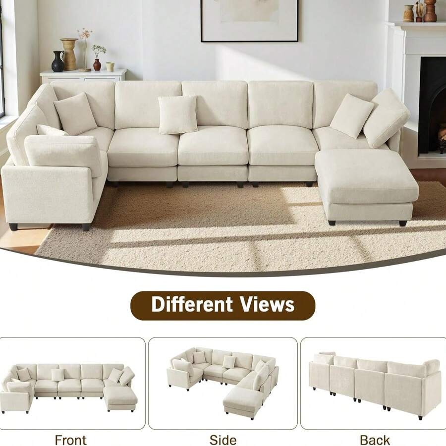 Modern Chenille L-Shaped Sofa With Movable Ottoman, 7-Seater Modular Combination Sofa, Convertible Sofa With Upholstery , U-Shaped Couches For Living Room And Office, Removable Modules, Sectional Sofa Couches - 米色 - 查看 1