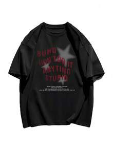 Japanese Style Women's Loose Crew Neck Casual Versatile Letter & Star Print Short Sleeve T-Shirt, Spring/Summer - Black - View 3