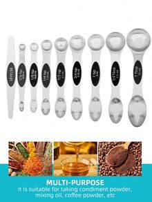 Juego de 9 cucharas medidoras magnéticas de acero inoxidable, cucharas de café medidoras, juego de cucharas medidoras de té y cucharas medidoras de mesa de acero inoxidable, utensilios de medición de cocina de metal para el hogar, con unidades de medida métricas e inglesas, adecuado para ingredientes secos y líquidos, apto para el hogar, repostería y cocina, utensilios de cocina y herramientas de medición para hornear - - - Ver 8