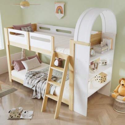 Etagenbett, Kinderbett, Mit Dreistufiges Regal, Sicheres Bettgitter, Dreistufige Trittleiter, Stabile Lattenroste, Kiefer + MDF + Sperrholz, White+Natur, 90x200cm