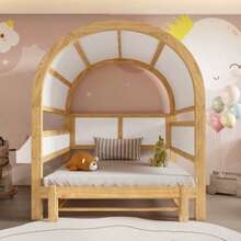 Extendable Arched Roof Bed, Sliding Bed, Children's Bed, Daybed, Small Side Shelf, Pine+MDF, White+Natural, 140x200cm - White - View 3