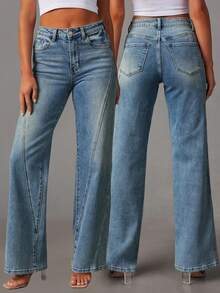 Women Wide Leg Baggy Jeans Mid-High Waisted Straight Stretchy Denim Pants Seamed Long Trousers Spring And Summer Clothes - Màu xanh lam - Xem 1