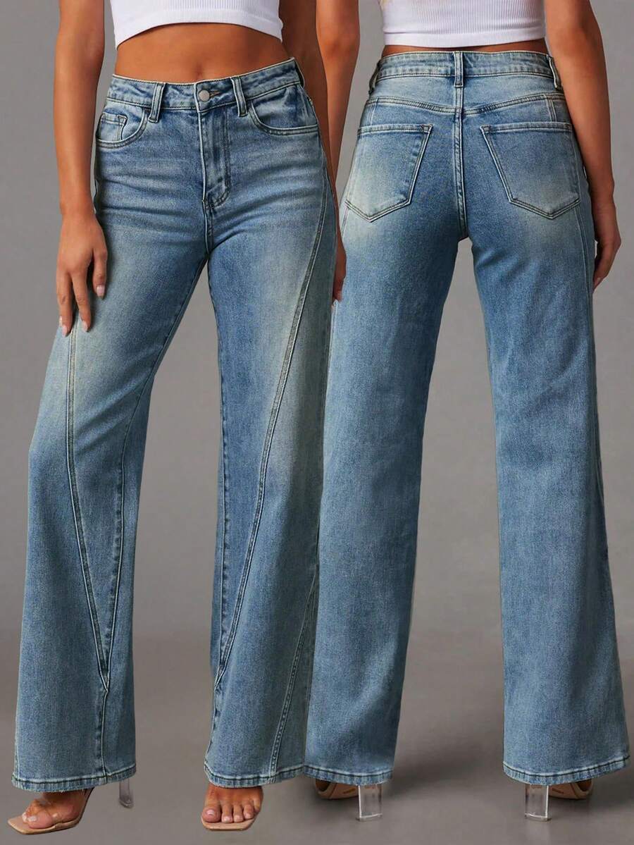 Women Wide Leg Baggy Jeans Mid-High Waisted Straight Stretchy Denim Pants Seamed Long Trousers Spring And Summer Clothes - Màu xanh lam - Xem 1
