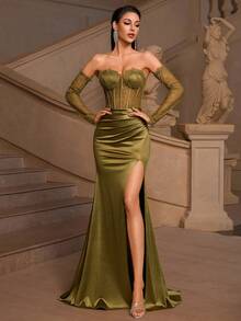 女士优雅露肩长袖蕾丝拼布透视开衩长款系带连衣裙，适合舞会、派对、生日、约会之夜、返校节、婚礼嘉宾、正式晚宴 - 軍綠色 - 查看 1