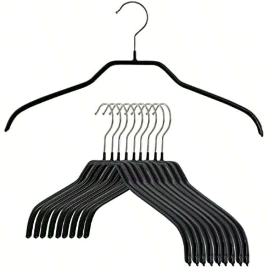 MAWA - Perchas estrechas pequeñas para Ropa de Acero con Revestimiento Antideslizante, para Camisas, Vestidos, Trajes, Camisolas, Chaquetas, Gancho Giratorio de 360 Grados, Juego de 10, Color(Negro) - Multicolor - Ver 1