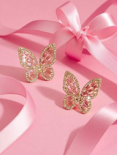 1 Pair Cute Rhinestone Butterfly Stud Earrings, Suitable For Girls With Dresses
