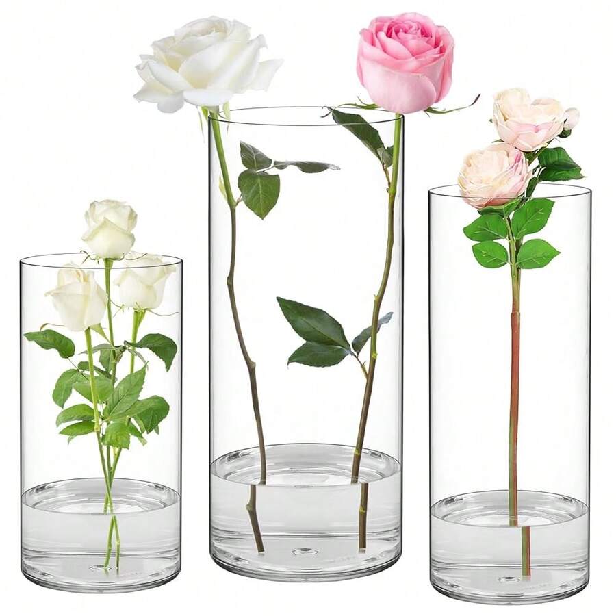 SUREAM 3 Packs Cylinder Vases For Centerpieces, 7.8/9.8/11.8 Inch Tall Clear Cylinder Candle Holder For Weeding, Non-Breakable Flower Vase For Dinner Table Party Living Room Office Bedroom Decor - 7.8/9.8/11.8inchH - View 1