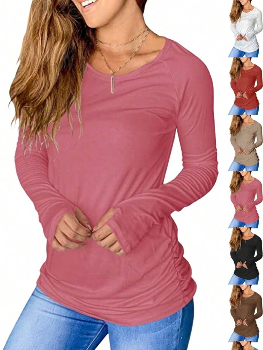 Women's Thumb Hole T-Shirt Long Sleeve Crew Neck Plain Shirts Casual Ruched Tee Tops - 粉色 - 查看 1