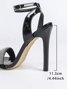 Jin Bei Qi 女士高跟鞋，方头，纯色漆皮，水钻装饰踝带搭扣露趾户外派对细高跟鞋，时尚、优雅、迷人，派对/宴会亮黑色高跟鞋 - 黑色 - 查看 3