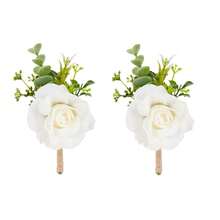 Meldel Ivory White Rose Boutonnieres For Men Wedding, Set Of 2, Artificial Corsage For Prom, Groom And Groomsmen Boutonniere For Ceremony, Formal Dinner Party, Fall Rustic Wedding, Homecoming,2BoutonnieresWhite - 2朵白色胸花 - 查看 1