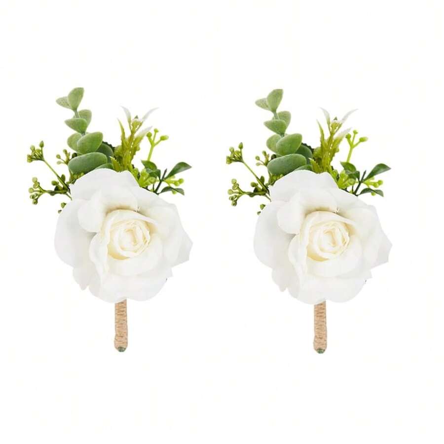 Meldel Ivory White Rose Boutonnieres For Men Wedding, Set Of 2, Artificial Corsage For Prom, Groom And Groomsmen Boutonniere For Ceremony, Formal Dinner Party, Fall Rustic Wedding, Homecoming,2BoutonnieresWhite - 2朵白色胸花 - 查看 1